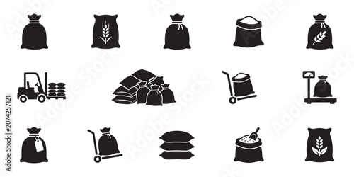 Flour and agriculture sack icon set. Wheat bag, grain storage, forklift, hand truck and industrial scale symbols. Vector illustration.