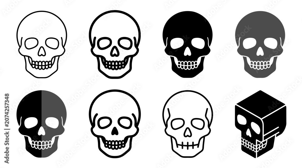Obraz premium Collection of stylized skull illustrations in various designs line art and solid shapes