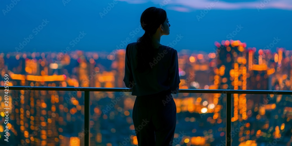 Fototapeta premium Silhouette of a thoughtful woman standing on a high balcony looking at the illuminated city skyline at night, concept for business success, urban lifestyle and corporate leadership