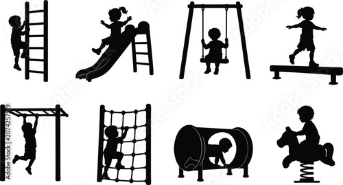 Children Playground Equipment Black Silhouette Vector Collection Isolated on White Background