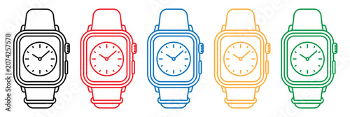 Outline smart watches, colored, displaying time, on white background