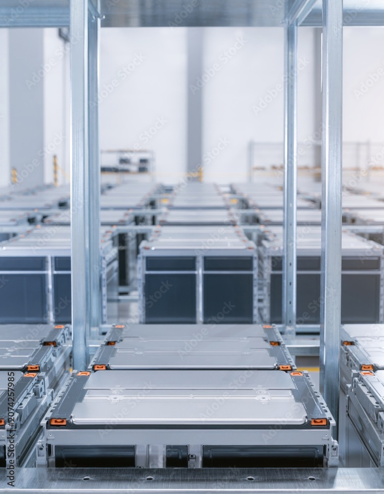 Obraz premium Electric vehicle battery modules in industrial warehouse