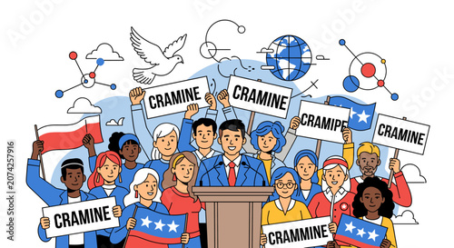 A diverse group of people gathered for a political rally, holding signs and flags, with a speaker at a podium, symbolizing global unity and social engagement.