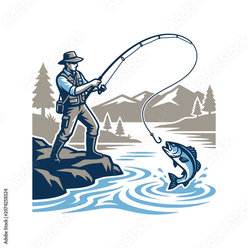 Canvas Print A fisherman catches a large fish in a mountain river