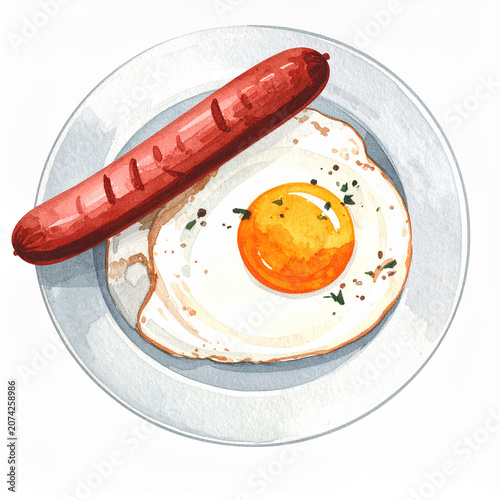 Watercolor painting of fried egg with sausage on plate. Traditional breakfast. Healthy diet food. Hand drawn art.