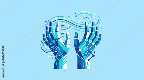 Valokuva Robotic hands manipulate digital data in a flat vector style