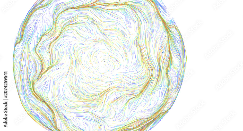 Obraz premium Dynamic multicolored particles flow in swirling patterns creating a spherical abstract shape.