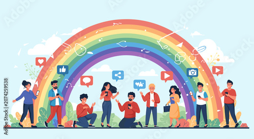 Obraz na płótnie Diverse group of people interacting with smartphones under a vibrant rainbow, symbolizing connection and digital communication
