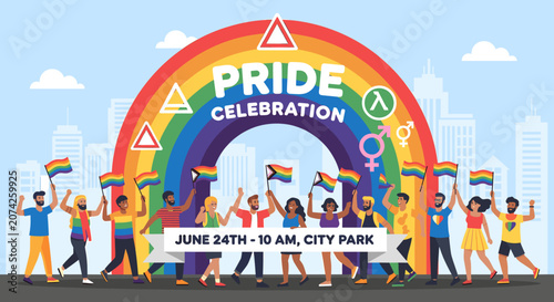 Diverse group of people celebrating Pride with rainbow flags and a large arch in a city park, promoting inclusivity and community.