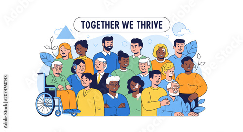 A diverse group of people of different ages, genders, and ethnicities standing together under the banner 