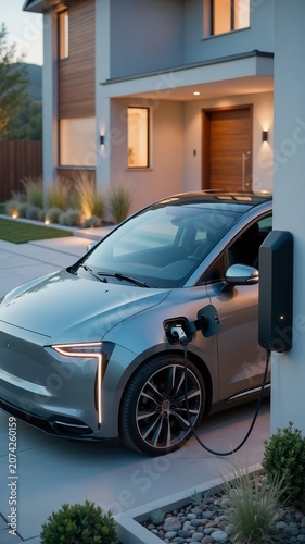 Electric vehicle charging at modern home driveway