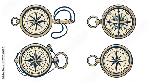Tableau sur toile A collection of vintage nautical compasses on a white background