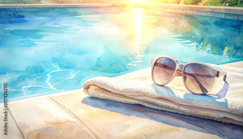 Obraz w ramie 夏のプールサイドとサングラスの透明感あふれる水彩画風イラスト 休暇のバカンスや旅行の広告に使える爽やかで明るいコピースペース付き背景素材 青い水のきらめきとタオルがあるリゾートの情景 WebやSNSの夏のイベント告知やキャンペーンのバナーデザインに最適な癒やしのビーチイメージ