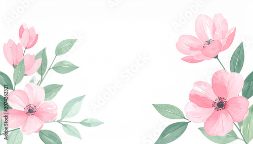 Delicate watercolor botanical illustration of soft pastel pink flowers and gentle light green leaves. Elegant hand-drawn art, white background, aquarelle layers.