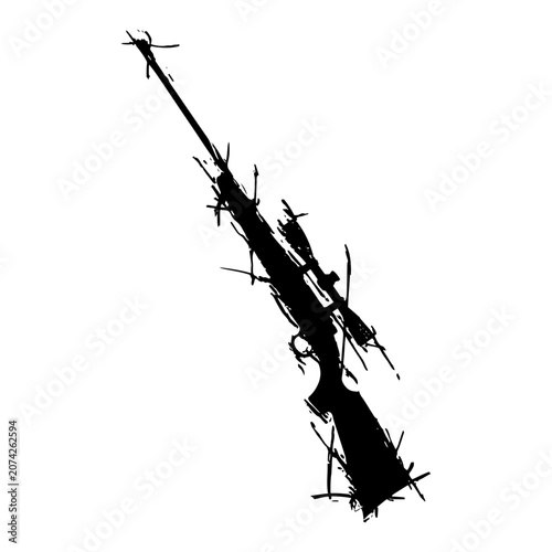 Bild auf Leinwand Sniper Rifle with Scope Ink Splatter Art, Precision Shooting Weapon Illustration