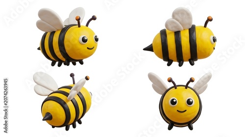 Four cute cartoon bees in different poses, with yellow and black stripes, wings and antennas