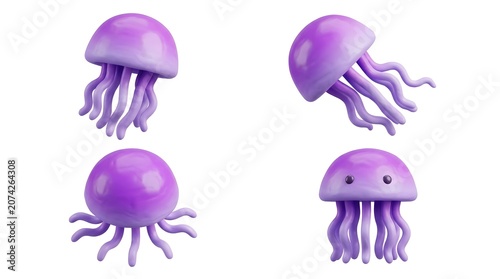 Four cute purple cartoon jellyfish illustrations in different poses