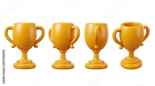 Four golden trophies displayed individually against a white background. Each trophy has a cup shape on top, two handles, and a pedestal base