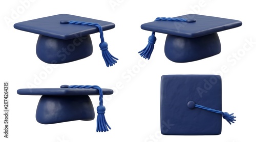 A collage of four images showing a blue graduation cap from different angles. The cap has a tassel and is presented on a white background.