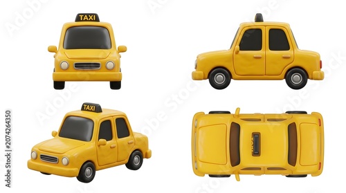 A set of four 3D illustration of a classic yellow taxi, shown from different angles: front, side, 3/4 view, and top view. The taxi has a TAXI sign on its roof