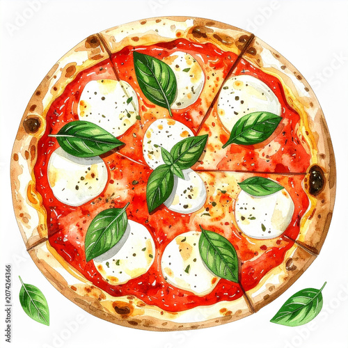 Watercolor illustration of cheesy Margherita pizza, golden baked crust with soft painterly edges, melted mozzarella, vibrant tomato sauce, fresh basil leaves, isolated on white background