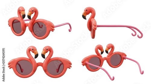 Fun flamingo-shaped sunglasses displayed from multiple angles. These playful accessories are perfect for summer holidays and parties, adding a touch of whimsy to any outfit