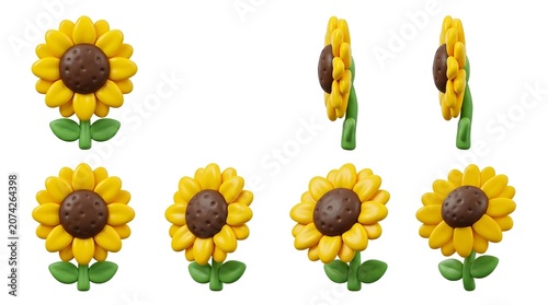 A set of three stylized sunflowers in different orientations, featuring bright yellow petals and dark brown centers