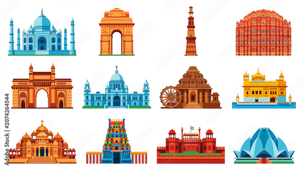 Fototapeta premium Indian Landmarks Vector Illustrations Collection