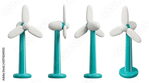 A collection of four turquoise and white wind turbines, shown from different angles, highlighting their design and functionality