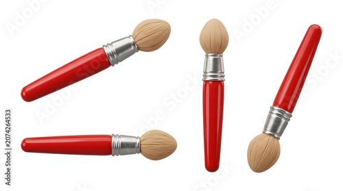 Set of four makeup brushes with red handles and light brown bristles, displayed from different angles