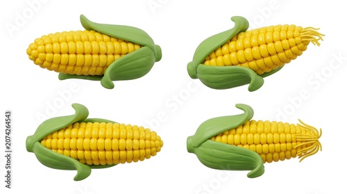 Four stylized ears of corn, each depicted with bright yellow kernels and green husks, presented from different angles on a clean backdrop