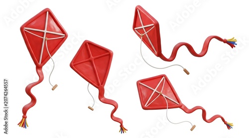 Four red kites arranged in a playful composition, each with a flowing ribbon tail. These traditional toys are ready to take flight