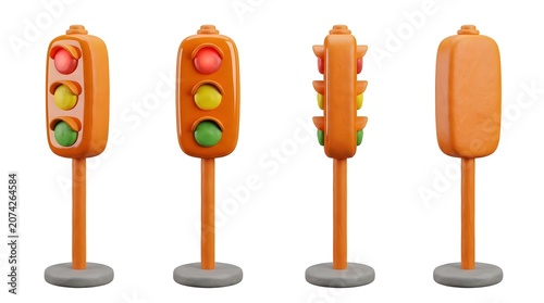 A set of four 3D illustrations of traffic lights, each displaying a different signal or state, isolated on a white background