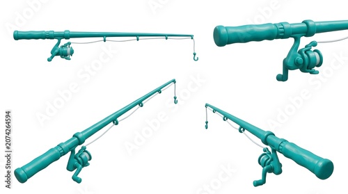 Set of four teal fishing rods, each with a reel and fishing line, presented in different angles. This image showcases a complete fishing setup, ready for an outdoor adventure.
