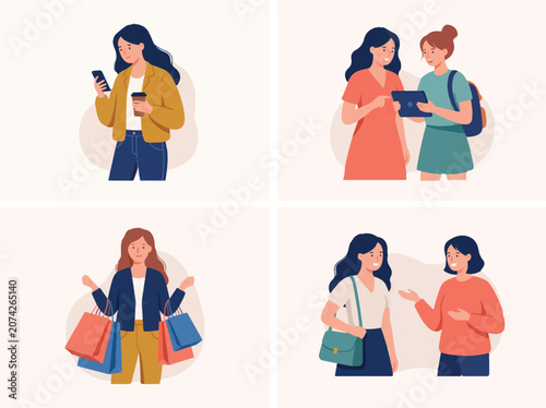 Modern lifestyle people illustration showing daily activities communication shopping and social interaction in clean flat design style