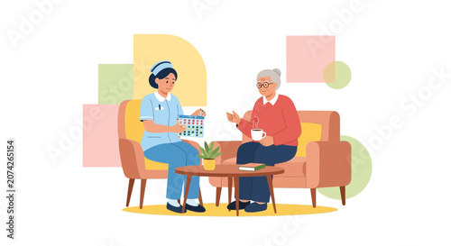 Nurse in uniform assisting elderly woman with calendar, home care