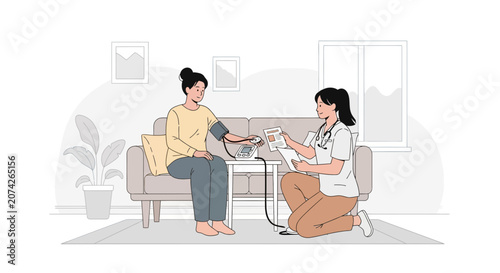 Nurse measures blood pressure of patient at home, healthcare illustration