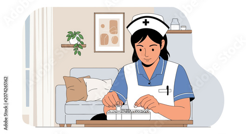 Nurse preparing medication in a home setting, illustration