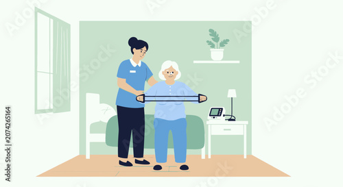 Nurse helping elderly woman with resistance band exercise in bedroom