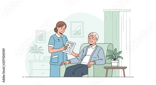 Nurse showing medical chart to elderly man in armchair, healthcare, assistance