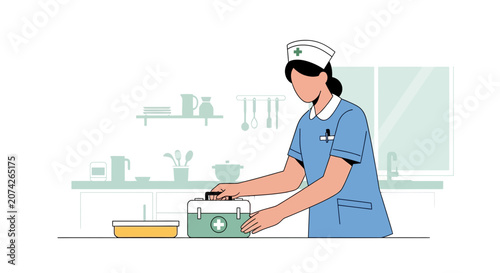 Nurse Preparing Medical Kit and Supplies in Kitchen