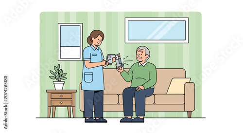 Nurse shows tablet to elderly man in comfy room, technology assistance concept