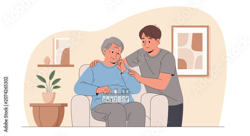 Young man caring for elderly person, medicine, home assistance, support
