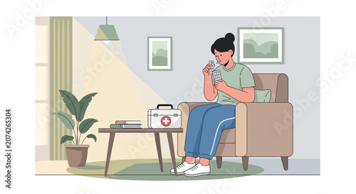 Woman taking medicine, first aid kit on table, indoors, health care