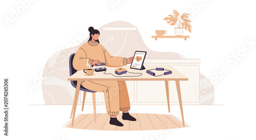 Woman working from home on computer and tablet, modern home office setup