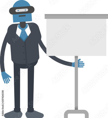 Humanoid Robot in Suit Character Presenting Whiteboard
