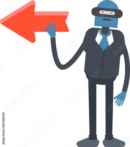 Humanoid Robot in Suit Character and Arrow Sign
