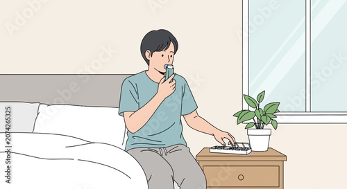 Young man using inhaler while sitting on bed with plant and medicine