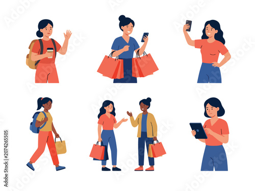 Colorful illustration of people shopping communicating and using technology in everyday lifestyle scenes