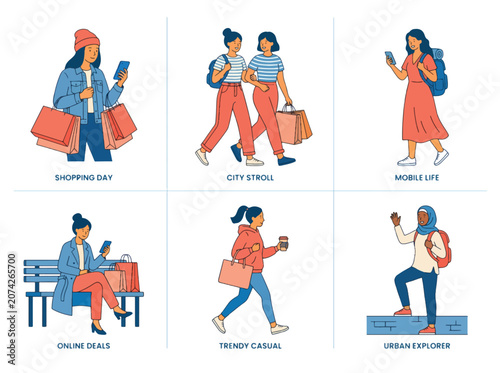Urban lifestyle illustration set showing modern city activities shopping strolling mobile life online deals trendy casual and urban explorer scenes